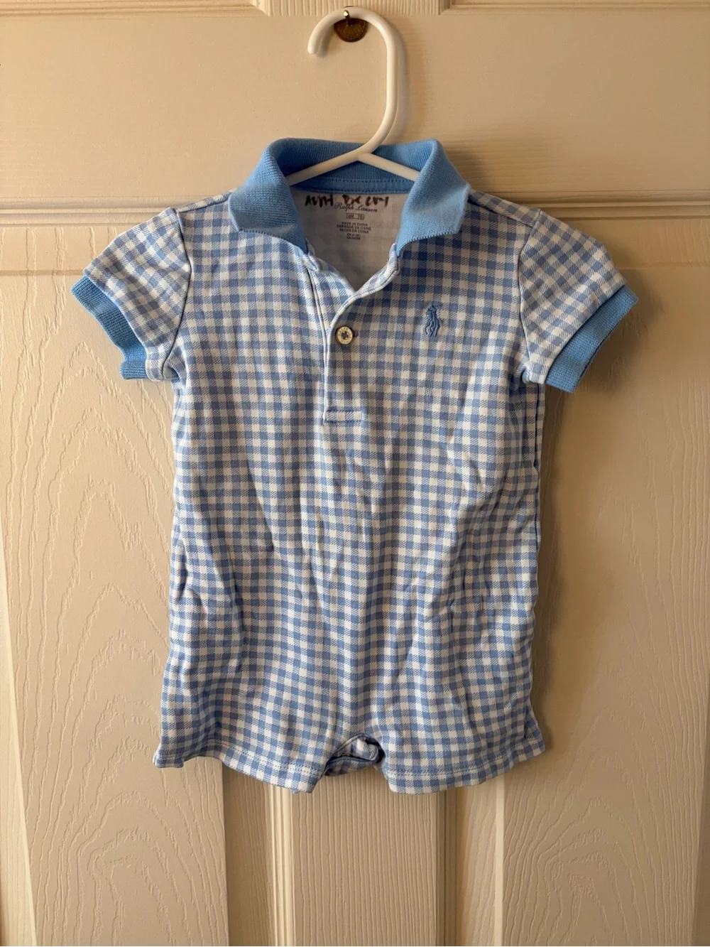 Ralph Lauren Light Blue & White Gingham Polo Romper